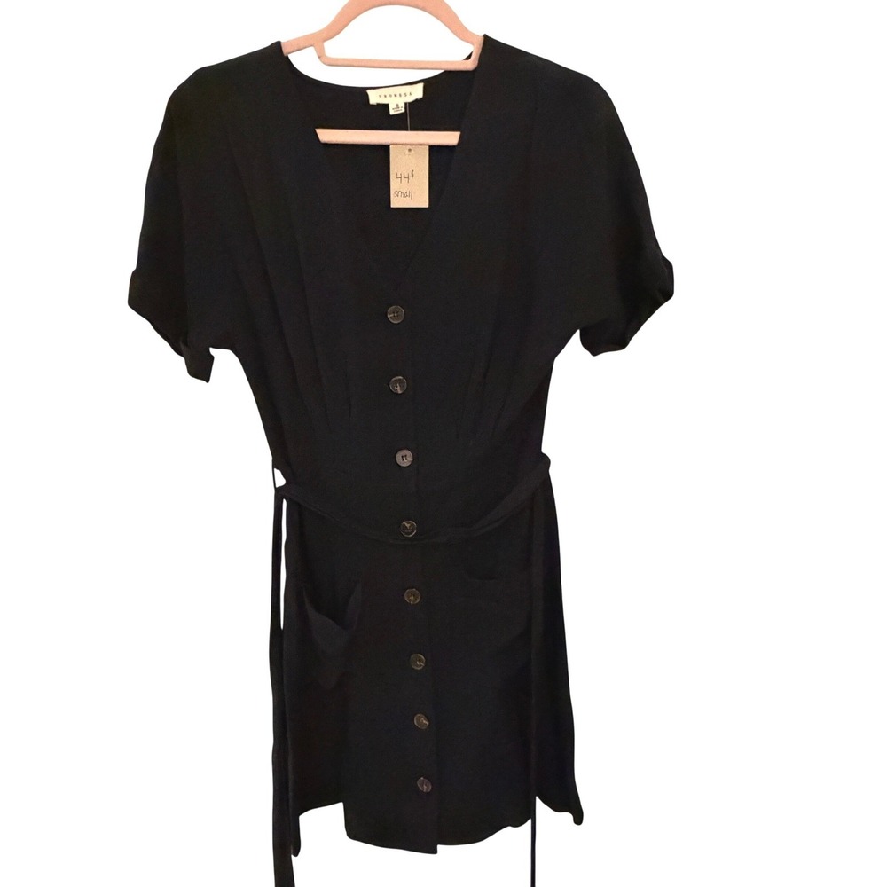 Promesa Button Front Dress Womens Small Black New Linen Blend Short Sleeve Mini